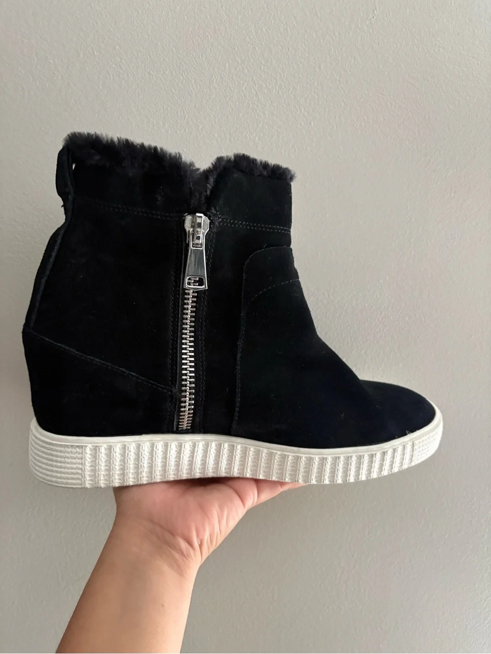 New Steven By Steve Madden Bamby Suede Faux Fur Wedge Bootie Size 9.5